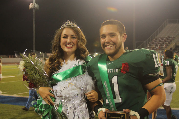 Seniors Bailey Harris and Colton Fulton smile after being crowned Homecoming queen and king. 
