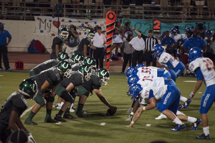 The Colts line up against the Duncanville Panthers. The Colts prevailed over the Panthers with a 57-37 win.