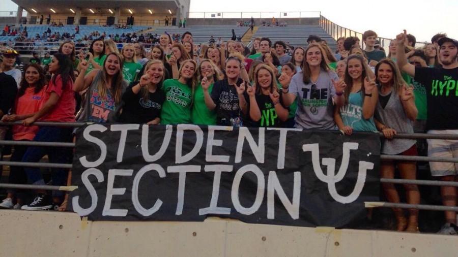 Excited Colts fill the student section at a recent football game. The HYPE, a StuCo initiative, has revved up the students at sporting events throughout the fall.