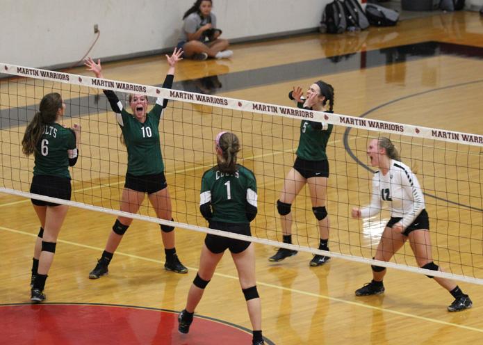 The Lady Colts cheer after scoring a point against Martin. 