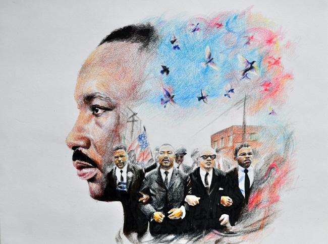 Senior Thien Bui’s artwork won top honors in the annual AISD Martin Luther King Jr. drawing contest in January. His colored pencil drawing captured the contest’s theme, “Tough Minds, Tender Hearts”.