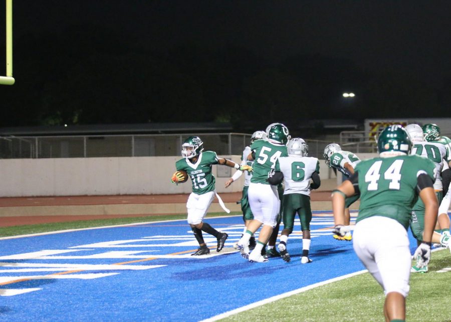 Sophomore CB Richard Carter makes a touchdown during the Trimble Tech game. He was injured in the 2nd quarter but the Colts went on to defeat the Bulldogs 70-8.