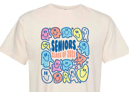 Remi Vasquez, senior, designed this years senior t-shirt. She said the droopy smiley faces represent our excitement about senior year but also how drained we are.