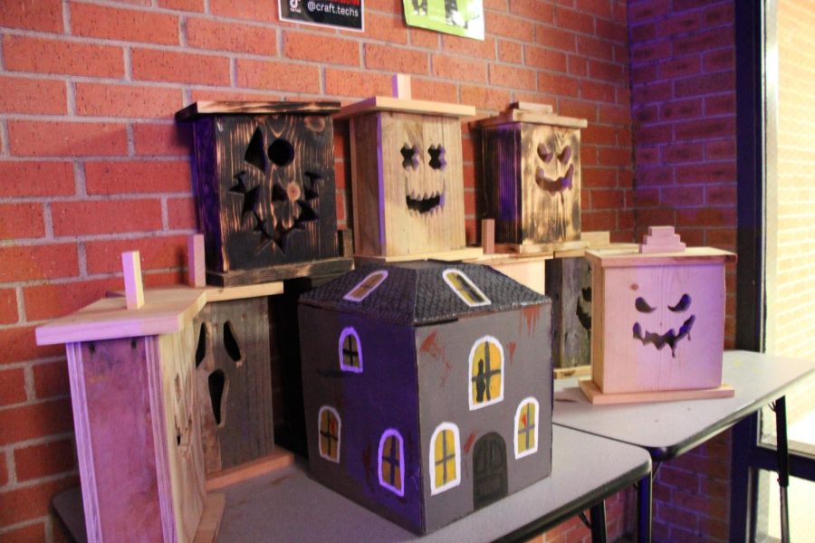 These wooden jack-o-lanterns were built by the construction students and sold as a fundraiser for uniforms and future field trips.